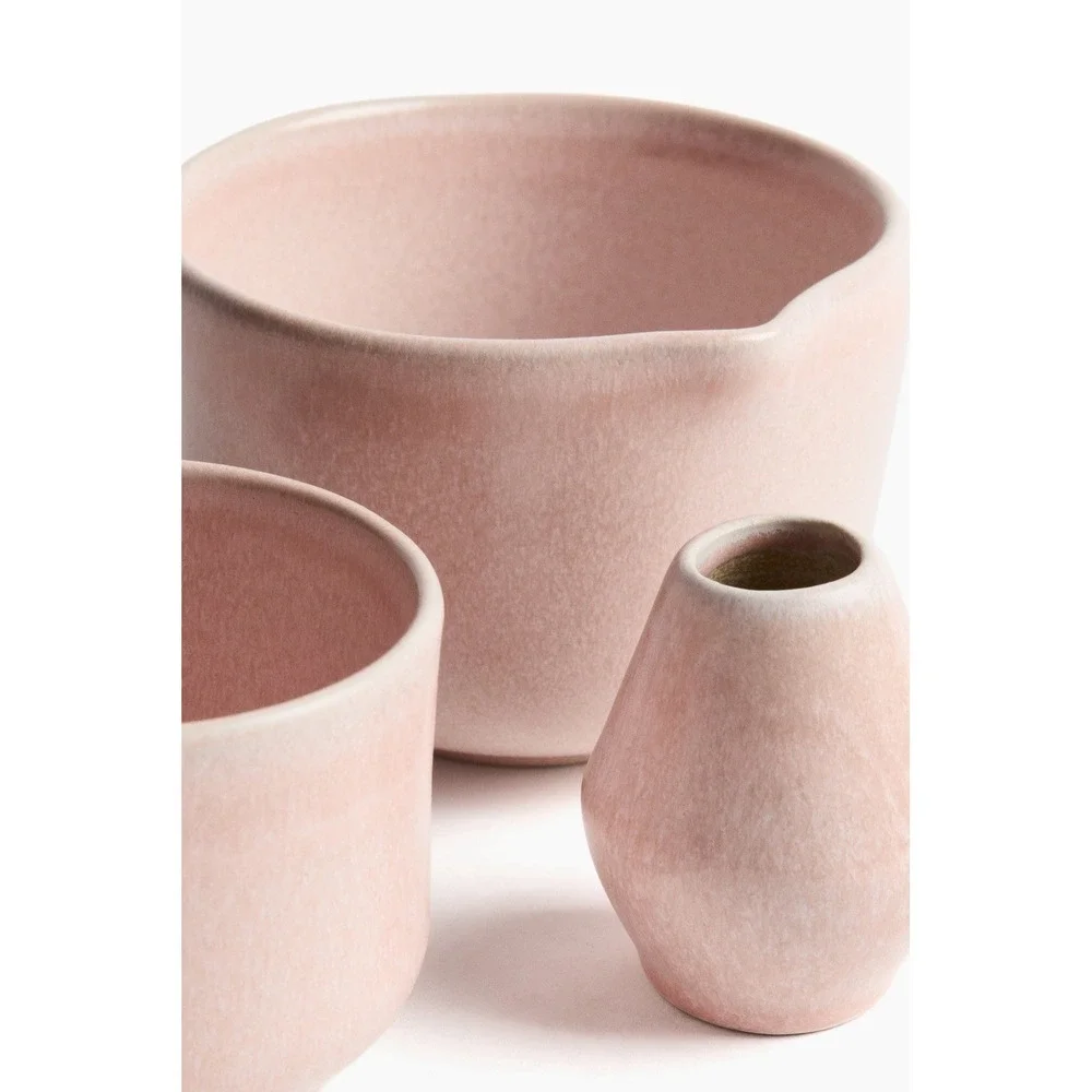 STONEWARE MATCHA SET 3 Pieces Light Pink Ceramic Spouted Bowl‎ Tea Cup Whisk